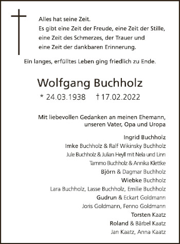 Todesanzeige von Wolfgang Buchholz von SYK