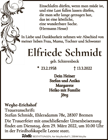 Todesanzeige von Elfriede Schmidt von SYK