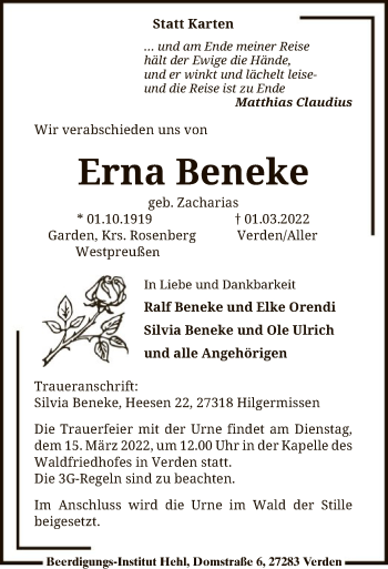 Todesanzeige von Erna Beneke von SYK