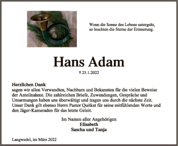 Todesanzeige von Hans Adam von SYK