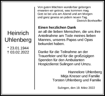 Todesanzeige von Heinrich Uhlenberg von SYK