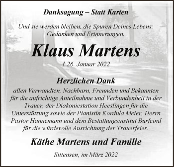 Todesanzeige von Klaus Martens von SYK