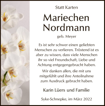 Todesanzeige von Mariechen Nordmann von SYK