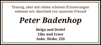 Todesanzeige von Peter Badenhop von SYK