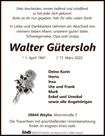 Todesanzeige von Walter Gütersloh von SYK