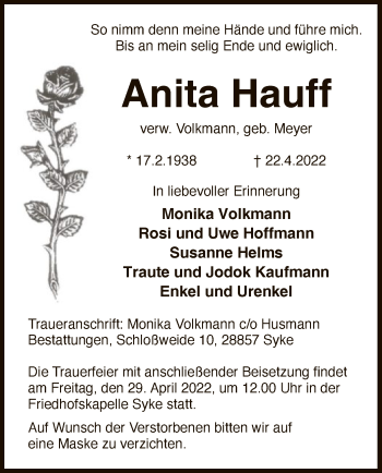 Todesanzeige von Anita Hauff von SYK