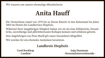 Todesanzeige von Anita Hauff von SYK