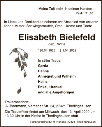 Todesanzeige von Elisabeth Bielefeld von SYK