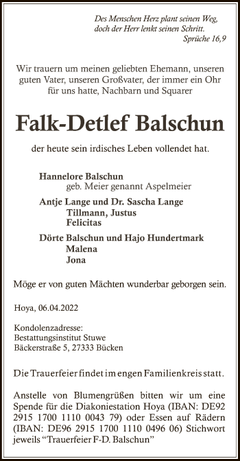 Todesanzeige von Falk-Detlef Balschun von SYK