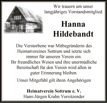 Todesanzeige von Hanna Hildebandt von SYK