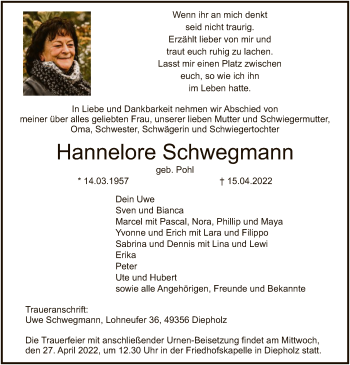 Todesanzeige von Hannelore Schwegmann von SYK