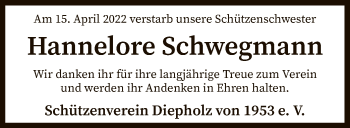 Todesanzeige von Hannelore Schwegmann von SYK