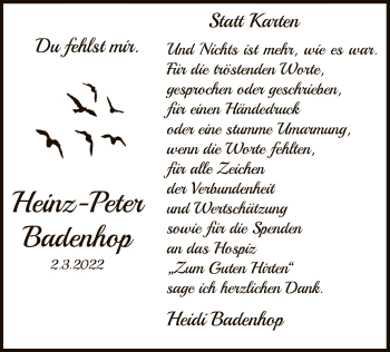 Todesanzeige von Heinz-Peter Badenhop von SYK