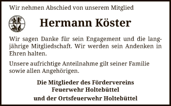 Todesanzeige von Hermann Köster von SYK