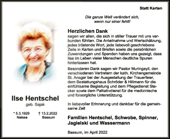 Todesanzeige von Ilse Hentschel von SYK