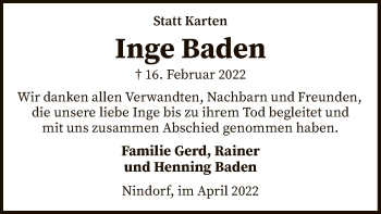 Todesanzeige von Inge Baden von SYK