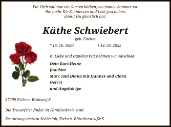 Todesanzeige von Käthe Schwiebert von SYK