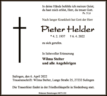 Todesanzeige von Peiter Helder von SYK