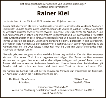 Todesanzeige von Rainer Kiel von SYK