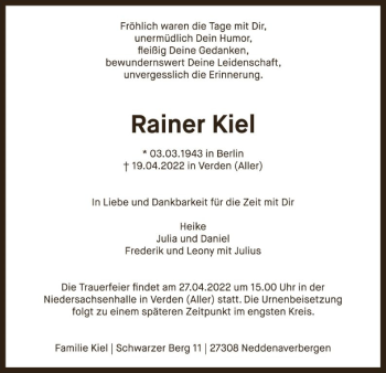 Todesanzeige von Rainer Kiel von SYK