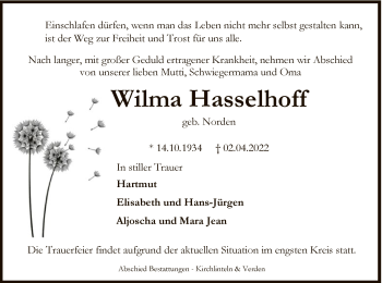 Todesanzeige von Wilma Hasselhoff von SYK