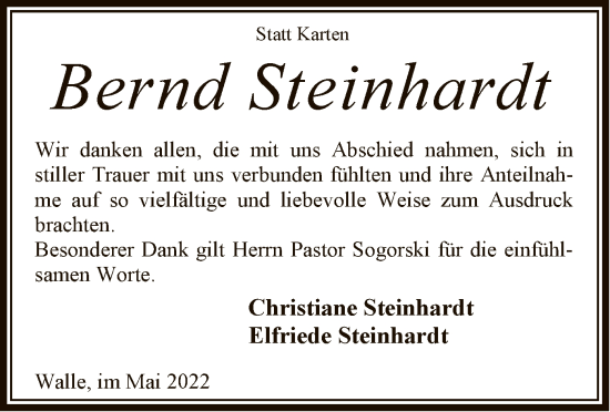 Todesanzeige von Bernd Steinhardt von SYK