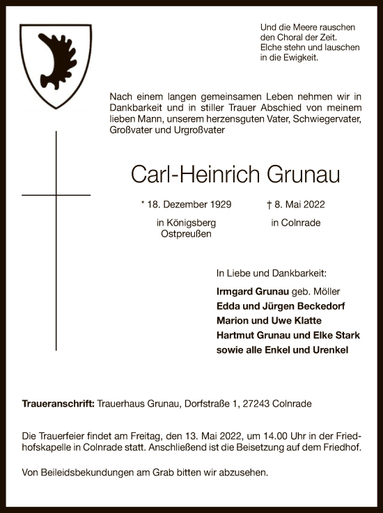 Todesanzeige von Carl-Heinrich Grunau von SYK