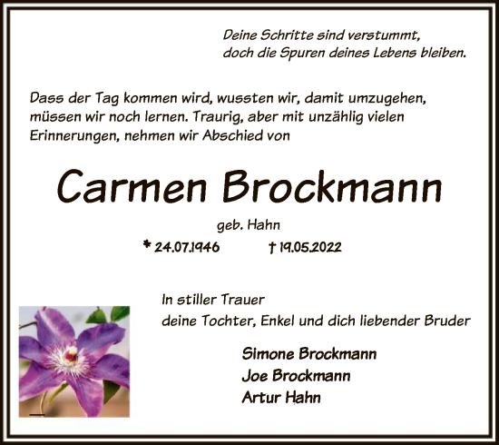 Todesanzeige von Carmen Brockmann von SYK