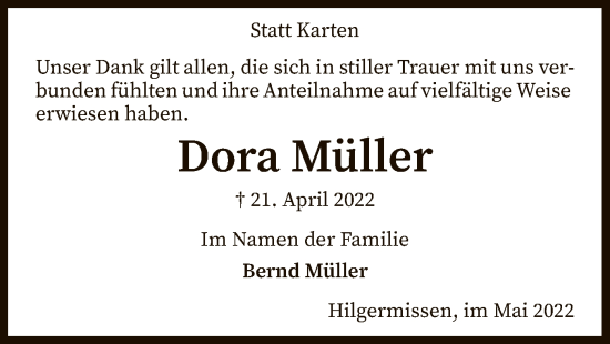 Todesanzeige von Dora Müller von SYK