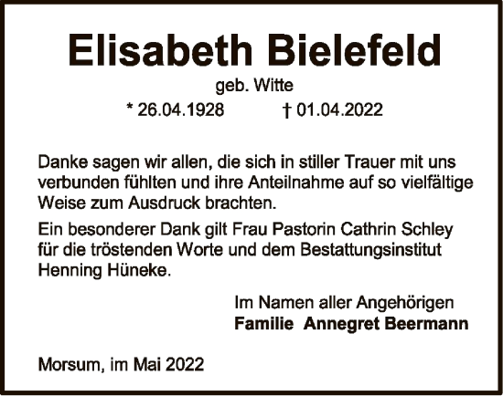 Todesanzeige von Elisabeth Bielefeld von SYK