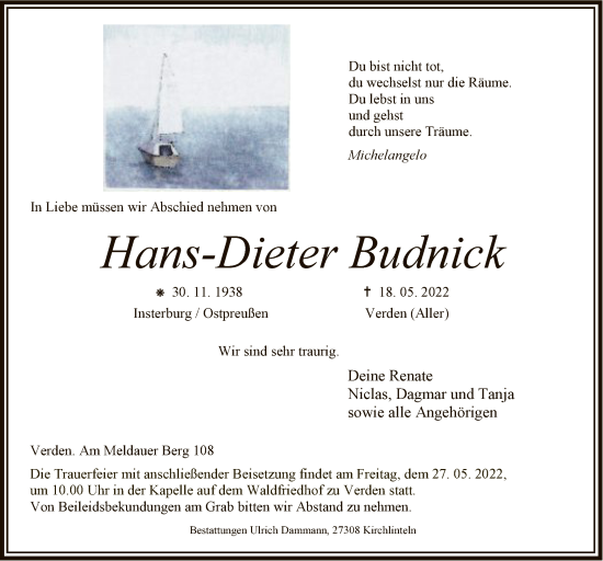 Todesanzeige von Hans-Dieter Budnick von SYK