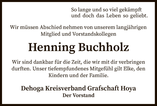 Todesanzeige von Henning Buchholz von SYK
