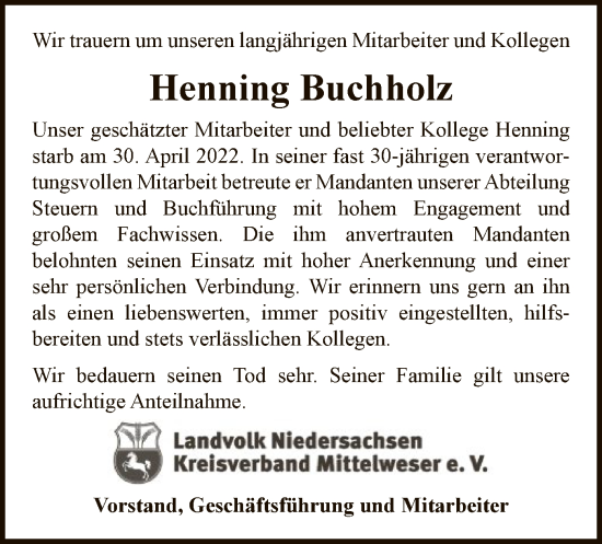 Todesanzeige von Henning Buchholz von SYK