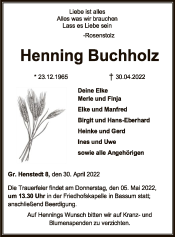 Todesanzeige von Henning Buchholz von SYK