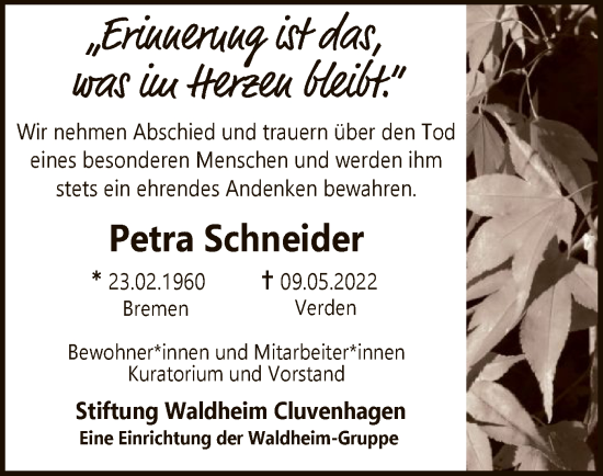 Todesanzeige von Petra Schneider von SYK