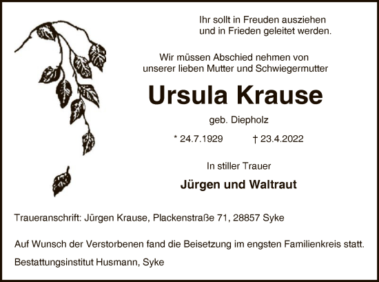 Todesanzeige von Ursula Krause von SYK