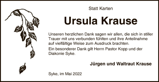 Todesanzeige von Ursula Krause von SYK