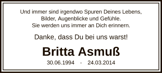 Todesanzeige von Britta Asmuß von SYK
