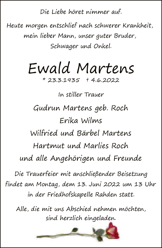 Todesanzeige von Ewald Martens von SYK