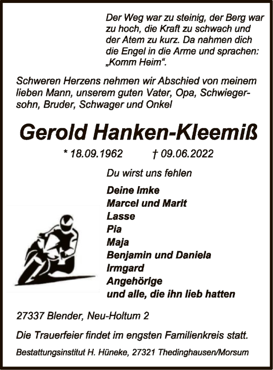 Todesanzeige von Gerold Hanken-Kleemiß von SYK