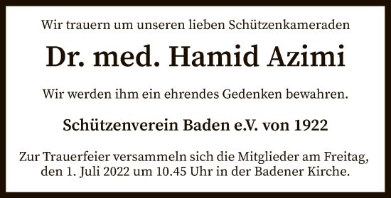 Todesanzeige von Hamid Azimi von SYK