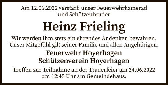 Todesanzeige von Heinz Frieling von SYK
