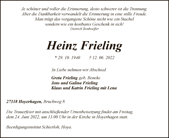 Todesanzeige von Heinz Frieling von SYK