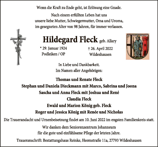 Todesanzeige von Hildegard Fleck von SYK