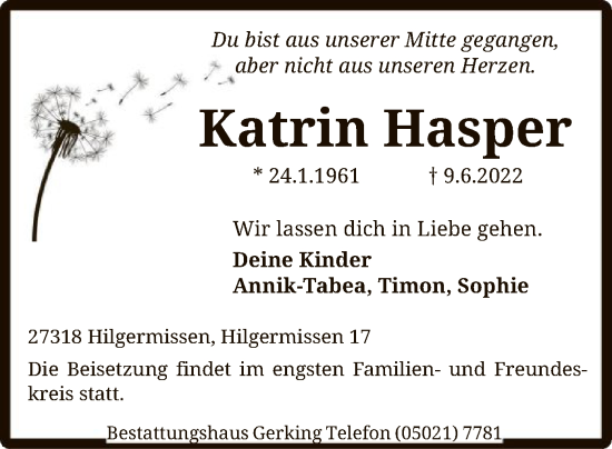 Todesanzeige von Katrin Hasper von SYK