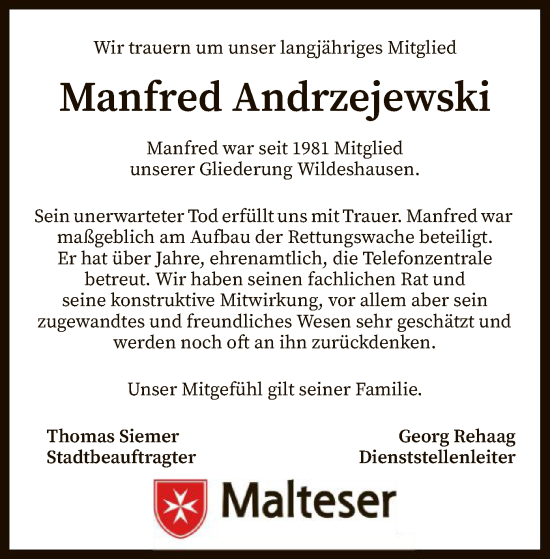 Todesanzeige von Manfred Andrzejewski von SYK