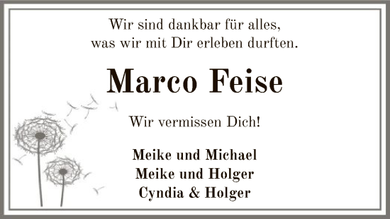 Todesanzeige von Marco Feise von SYK