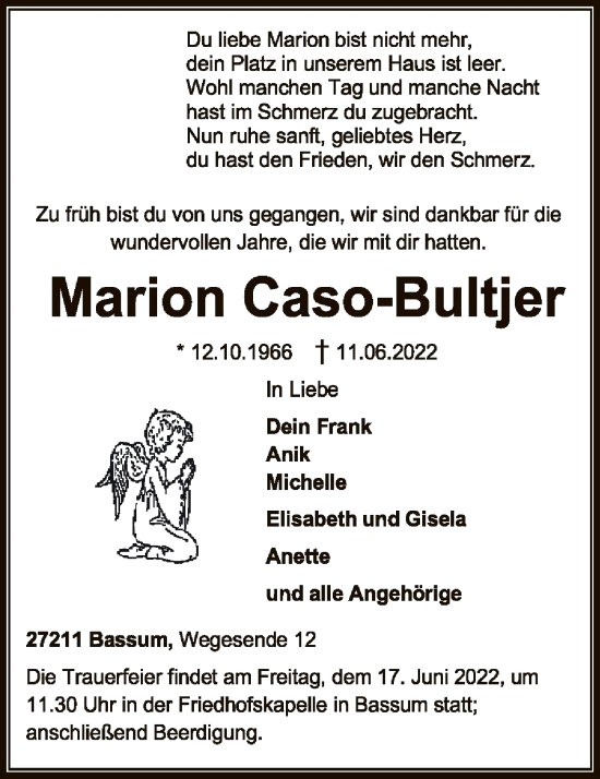 Todesanzeige von Marion Caso-Bultjer von SYK