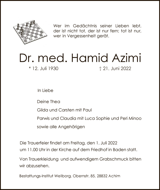 Todesanzeige von med. Hamid Azimi von SYK