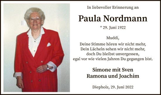 Todesanzeige von Paula Nordmann von SYK